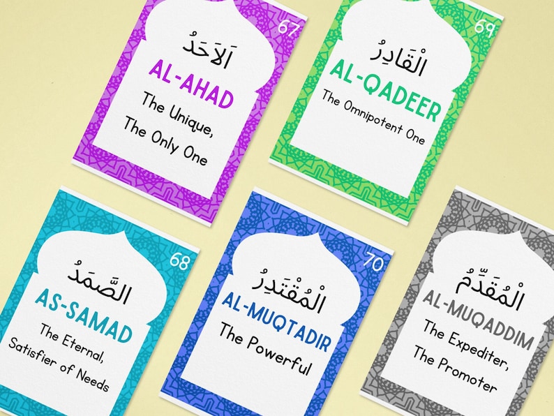 May include: Four colorful cards with Arabic text and English translations. Each card features a different name of God in Arabic, along with its English translation and a brief description. The cards are numbered 67, 68, 69, and 70.