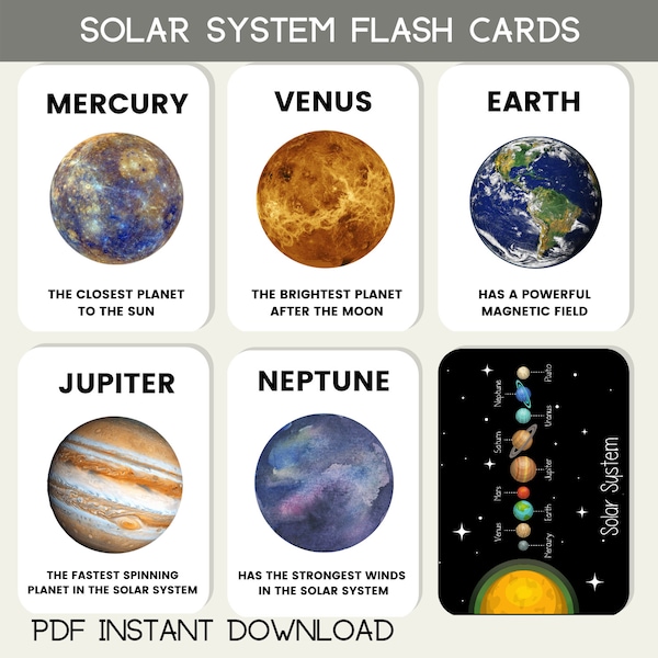 Planètes du système solaire Cartes Flash PDF Téléchargement imprimable Enfants Éducatifs Enfants Activité d'apprentissage Montessori Home School Science KS1 KS2