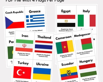 32 Flashcard con bandiere, schede con immagini per bambini, scuola materna, schede di nomenclatura, attività stampabili Montessori, schede con immagini di bandiere - Italia