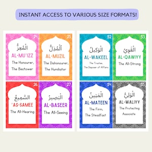May include: A set of 10 colorful cards with Arabic text and English translations. Each card features a different name of God in Arabic script, along with the English translation and a brief description of the name's meaning. The cards are arranged in a grid of two rows and five columns.