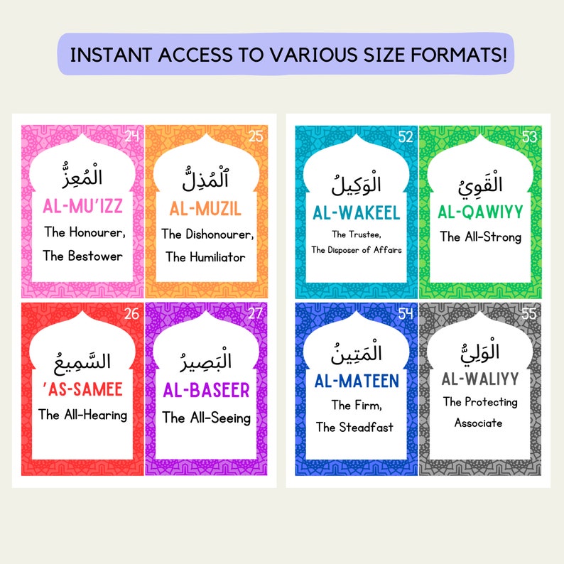 May include: A set of 10 colorful cards with Arabic text and English translations. Each card features a different name of God in Arabic script, along with the English translation and a brief description of the name's meaning. The cards are arranged in a grid of two rows and five columns.