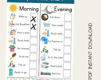 May include: A printable daily routine chart for kids with a yellow sun and a crescent moon for morning and evening routines. The chart includes activities like wake up, eat breakfast, have a wash, brush teeth, get dressed, tidy up, ready to go, eat dinner, have a bath, put pajamas on, go to the toilet, read a book, and bed time. The chart also includes a section for rating the day with three gold stars.