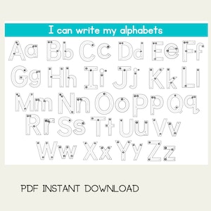 Könnte beinhalten: Schwarzweißes druckbares Arbeitsblatt mit gepunkteten Linien zum Nachzeichnen des Alphabets. Der Titel des Arbeitsblattes lautet "Ich kann mein Alphabet schreiben".
