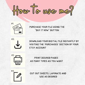Puede incluir: Una gu&iacute;a de cuatro pasos sobre c&oacute;mo usar un archivo digital. Los pasos se ilustran con iconos: una tarjeta de cr&eacute;dito, una flecha de descarga, una impresora y un l&aacute;piz y papel. El texto incluye las frases "Comprar ahora" y "Cuenta de Etsy".