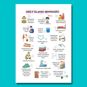 Daily Islamic Reminders Checklist Sunnah Children Islamic Deen Educational Programme, Daily Muslim Checklist Poster Nursery Wall Art