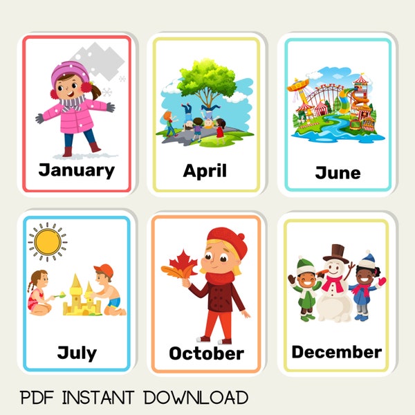 Months of the year Flash Cards PDF Printable Download Children Educational Kids Learning Activity Montessori Home School Toddler KS1 KS2