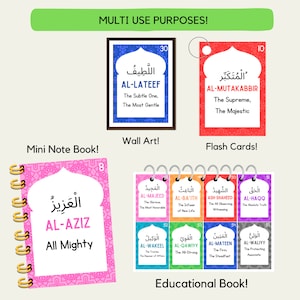 May include: A set of colorful Islamic flash cards with Arabic text and English translations. The cards feature different names of Allah, such as Al-Lateef, Al-Mutakabbir, Al-Aziz, Al-Majid, Al-Ba'ith, Ash-Shaheed, Al-Haqq, Al-Wakeel, Al-Qawiyy, Al-Mateen, and Al-Waliyy. The cards can be used for educational purposes, as wall art, or as flash cards.