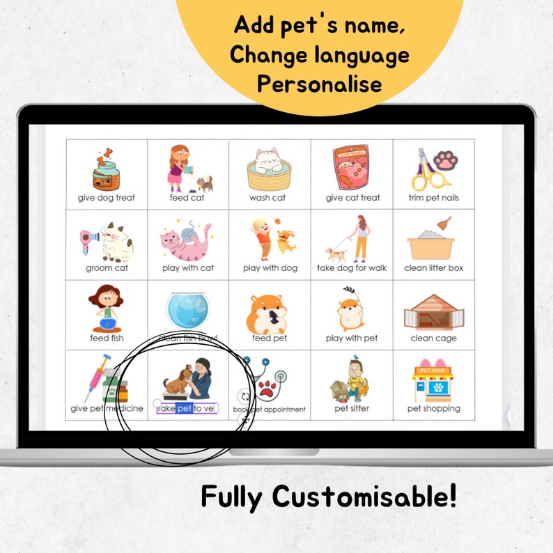 K&ouml;nnte beinhalten: Eine farbenfrohe digitale visuelle Hilfe zum Unterrichten von Kindern &uuml;ber die Pflege von Haustieren. Die visuelle Hilfe zeigt ein Raster mit 16 Quadraten, jedes mit einer Illustration einer g&auml;ngigen Haustierpflege-Aufgabe, wie F&uuml;ttern, Pflegen, Spielen und zum Tierarzt bringen. Die visuelle Hilfe ist vollst&auml;ndig anpassbar, sodass Benutzer den Namen eines Haustieres hinzuf&uuml;gen und die Sprache &auml;ndern k&ouml;nnen.