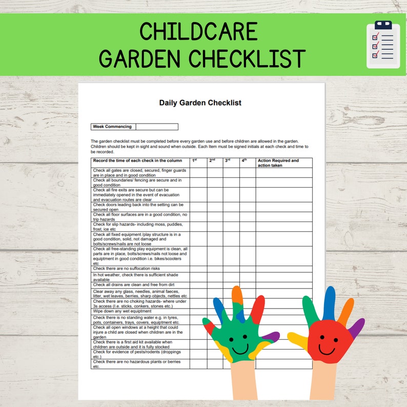 Child Care Garden Daily Checklist Daycare Child Minding Requirements