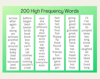 200 High Frequency Words Chart x 2 Children Wipeable Sight Words Common First Words Kids Preschool Download