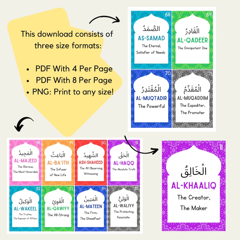 May include: A set of 9 colorful printable Islamic prayer cards featuring the 99 names of Allah in Arabic script with English translations. The cards are designed with intricate geometric patterns and are perfect for personal reflection or as a gift.