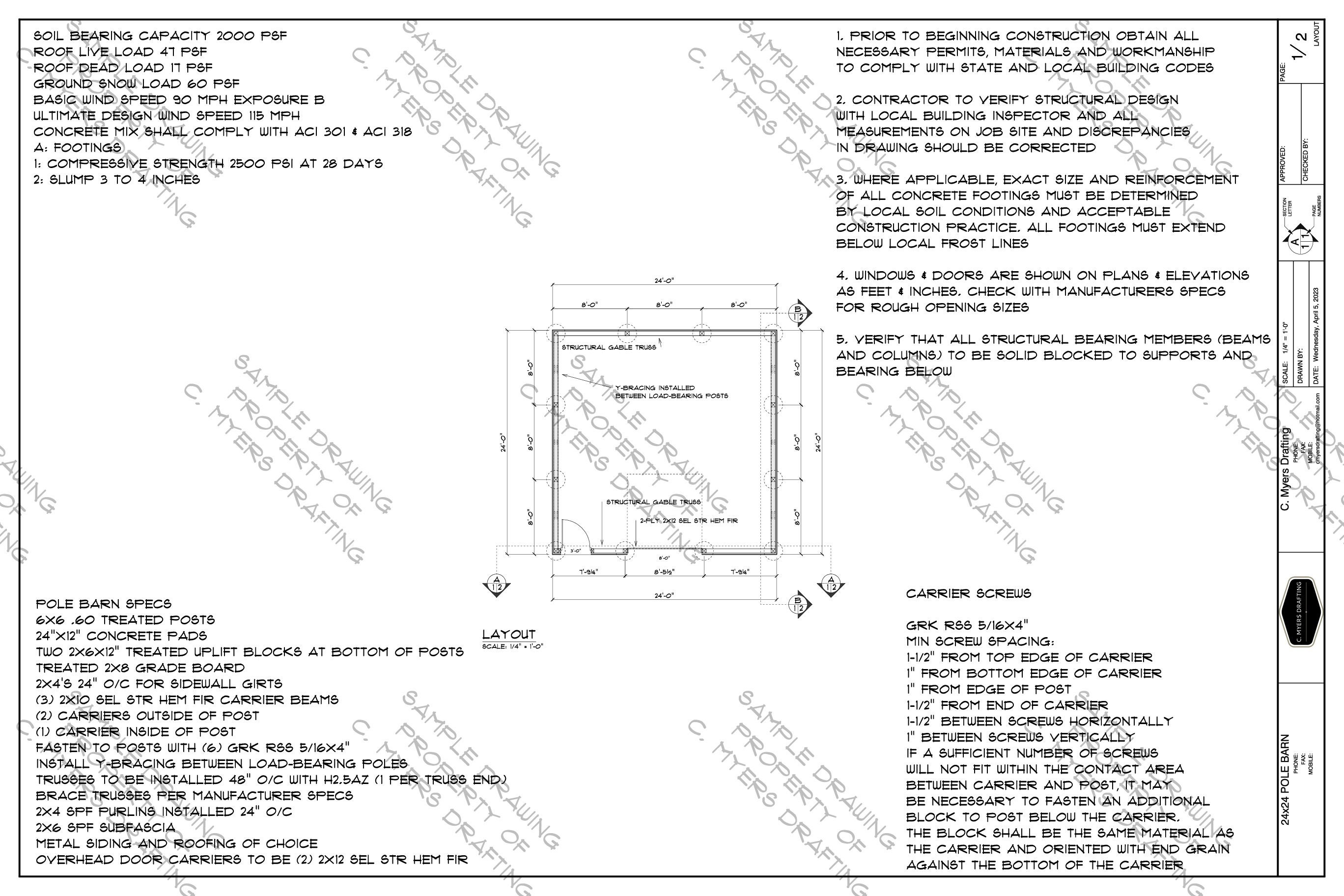 24x24 Pole Barn Construction Plans Etsy