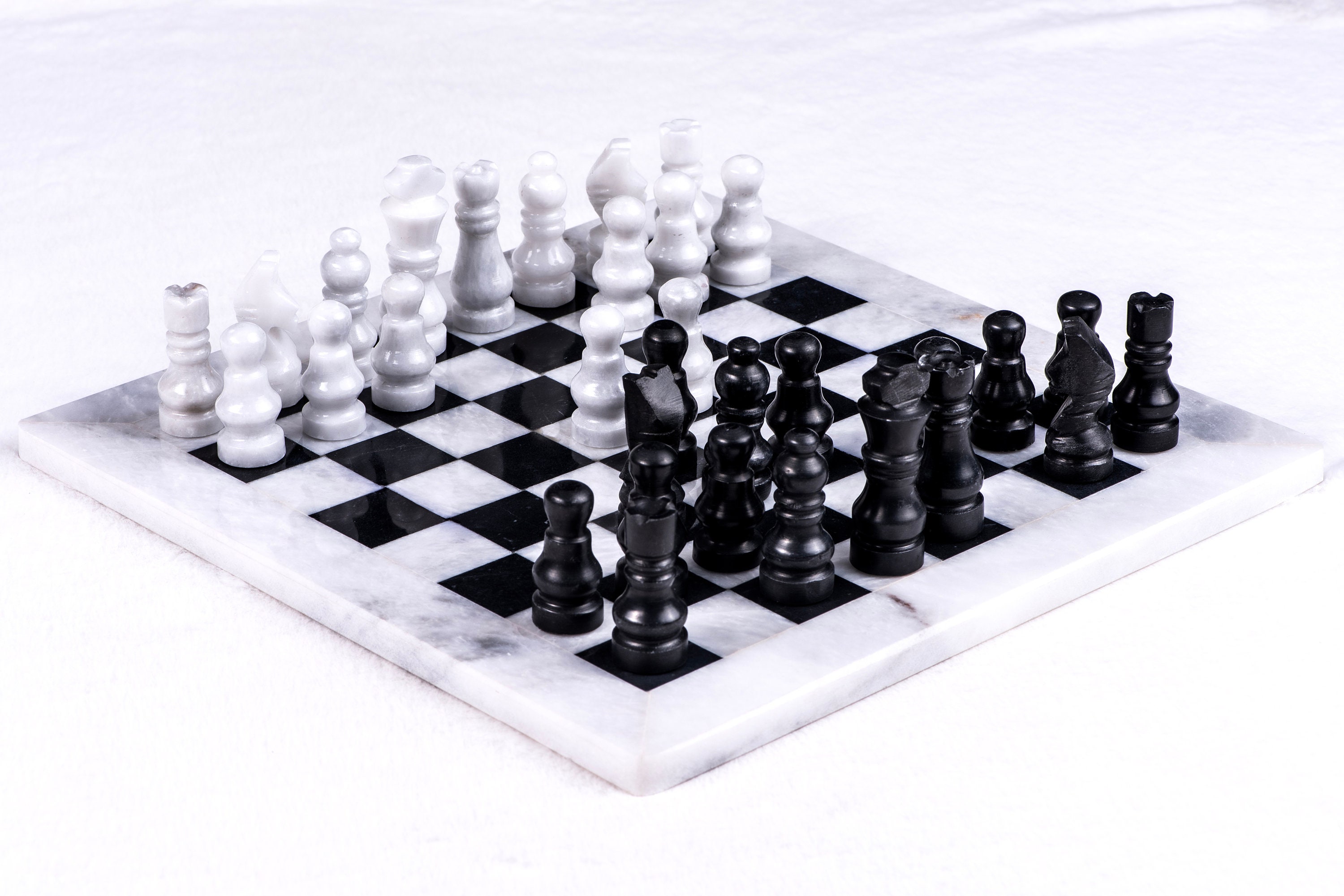 Large Marble Chess Set- Black and White Coral with Fancy Chess Pieces-  White Border- 16