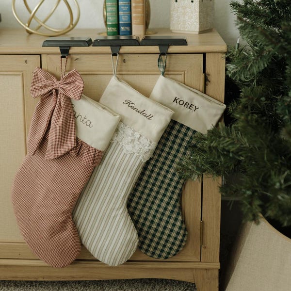 Personalized Christmas Stocking – With Name Embroidery, Bow, Ruffle Cuff, and Lace Options