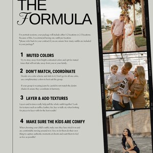 Op de afbeelding: Een gids voor portretsessies met tips voor het kiezen van kleuren, het co&ouml;rdineren van outfits, het stapelen van texturen en het ervoor zorgen dat kinderen zich op hun gemak voelen. De tekst bevat de titel "The Formula" en vier genummerde tips.