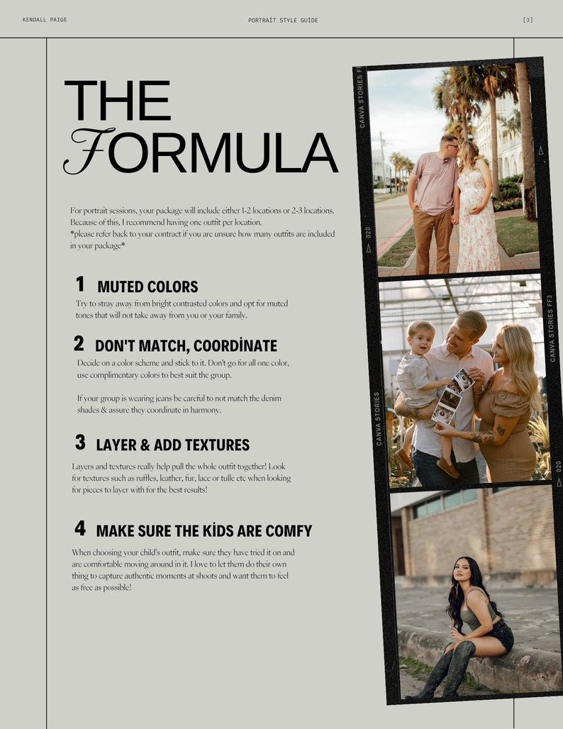 Op de afbeelding: Een gids voor portretsessies met tips voor het kiezen van kleuren, het co&ouml;rdineren van outfits, het stapelen van texturen en het ervoor zorgen dat kinderen zich op hun gemak voelen. De tekst bevat de titel "The Formula" en vier genummerde tips.