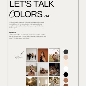 Op de afbeelding: Een gids voor kleurpaletten voor portretfotografie. De gids bevat negen verschillende kleurpaletten, elk met drie kleuren. De kleuren worden weergegeven in een rasterformaat, waarbij elke kleur wordt weergegeven door een vierkant. De gids bevat ook de tekst "Let's Talk Colors" en "Neutrals".