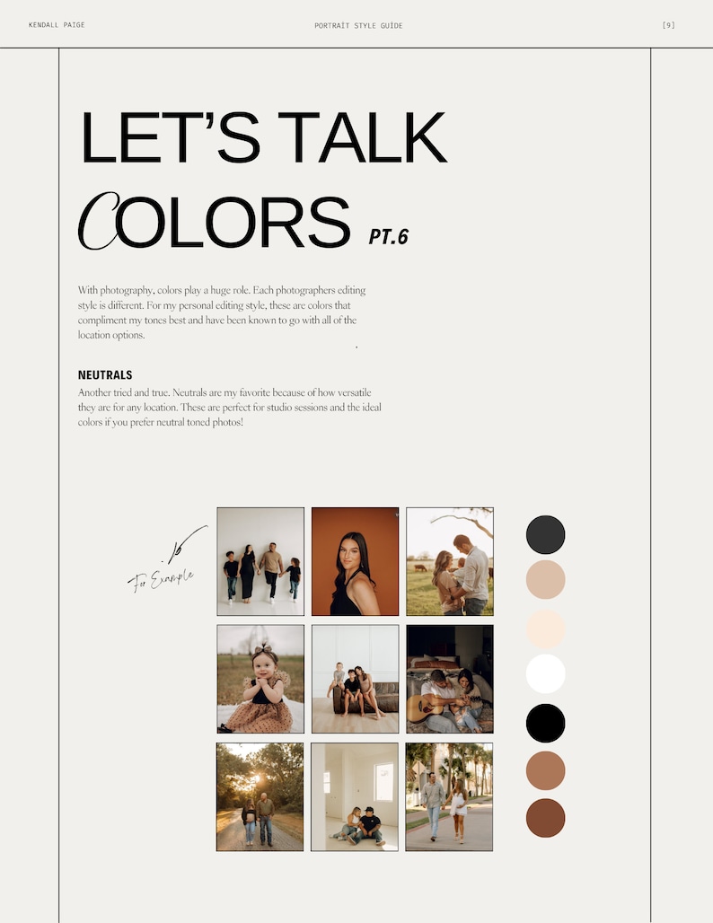 Op de afbeelding: Een gids voor kleurpaletten voor portretfotografie. De gids bevat negen verschillende kleurpaletten, elk met drie kleuren. De kleuren worden weergegeven in een rasterformaat, waarbij elke kleur wordt weergegeven door een vierkant. De gids bevat ook de tekst "Let's Talk Colors" en "Neutrals".