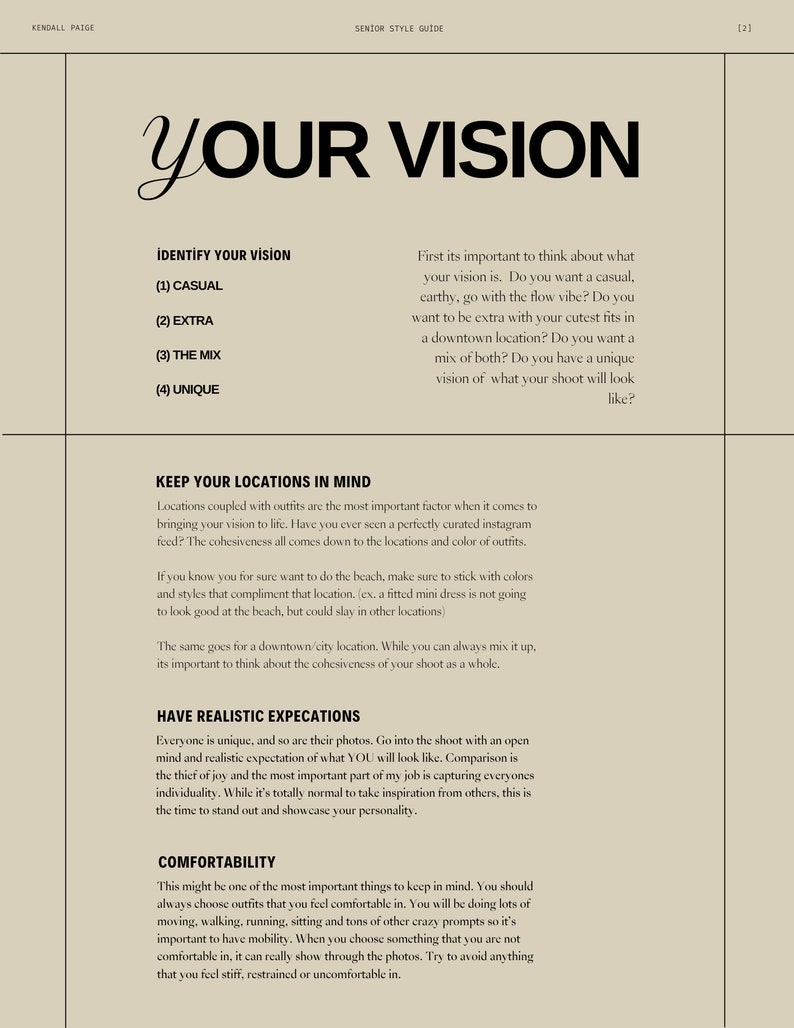 Op de afbeelding: Een pagina uit een senior stijlguide met de titel "Your Vision" en koppen voor "Identify Your Vision", "Keep Your Locations in Mind", "Have Realistic Expectations" en "Comfortability".
