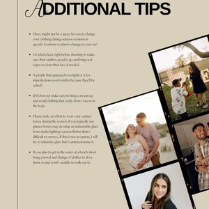 Op de afbeelding: Een pagina met tips voor portretfotografie, met de tekst "Extra tips". De tips omvatten advies over het wisselen van kleding, het voorbereiden van kinderen op foto's, het omgaan met onvolkomenheden en het minimaliseren van reflecties van brillen of contactlenzen. De pagina bevat ook vier afbeeldingen van mensen in verschillende poses.