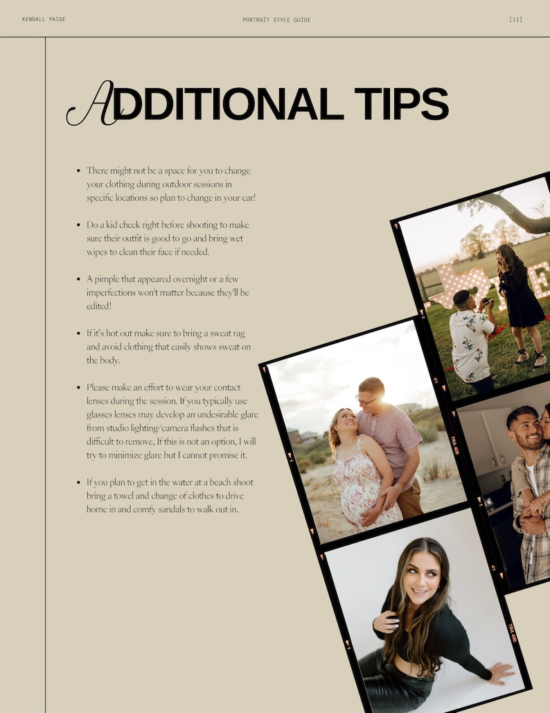 Op de afbeelding: Een pagina met tips voor portretfotografie, met de tekst "Extra tips". De tips omvatten advies over het wisselen van kleding, het voorbereiden van kinderen op foto's, het omgaan met onvolkomenheden en het minimaliseren van reflecties van brillen of contactlenzen. De pagina bevat ook vier afbeeldingen van mensen in verschillende poses.