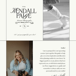 Op de afbeelding: Een vrouw met een bril en een camera zit op een bank. De tekst "Hello! I am so pumped for your upcoming session. I put together this guide to help give you some inspiration and direction when planning outfits for your shoot. My biggest goal is to create photos that best represent you, so with that in mind please use these suggestions as a guide and remember to always add your own personal touch to your outfits! With love, Kendall" staat aan de rechterkant van de afbeelding.