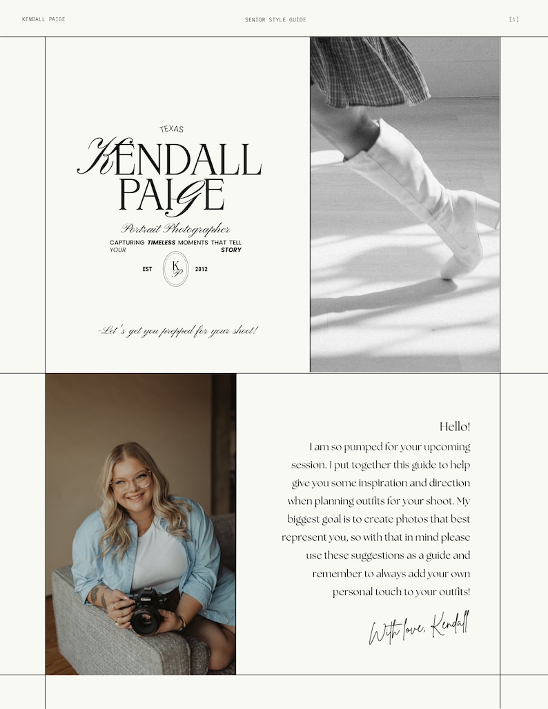 Op de afbeelding: Een vrouw met een bril en een camera zit op een bank. De tekst "Hello! I am so pumped for your upcoming session. I put together this guide to help give you some inspiration and direction when planning outfits for your shoot. My biggest goal is to create photos that best represent you, so with that in mind please use these suggestions as a guide and remember to always add your own personal touch to your outfits! With love, Kendall" staat aan de rechterkant van de afbeelding.