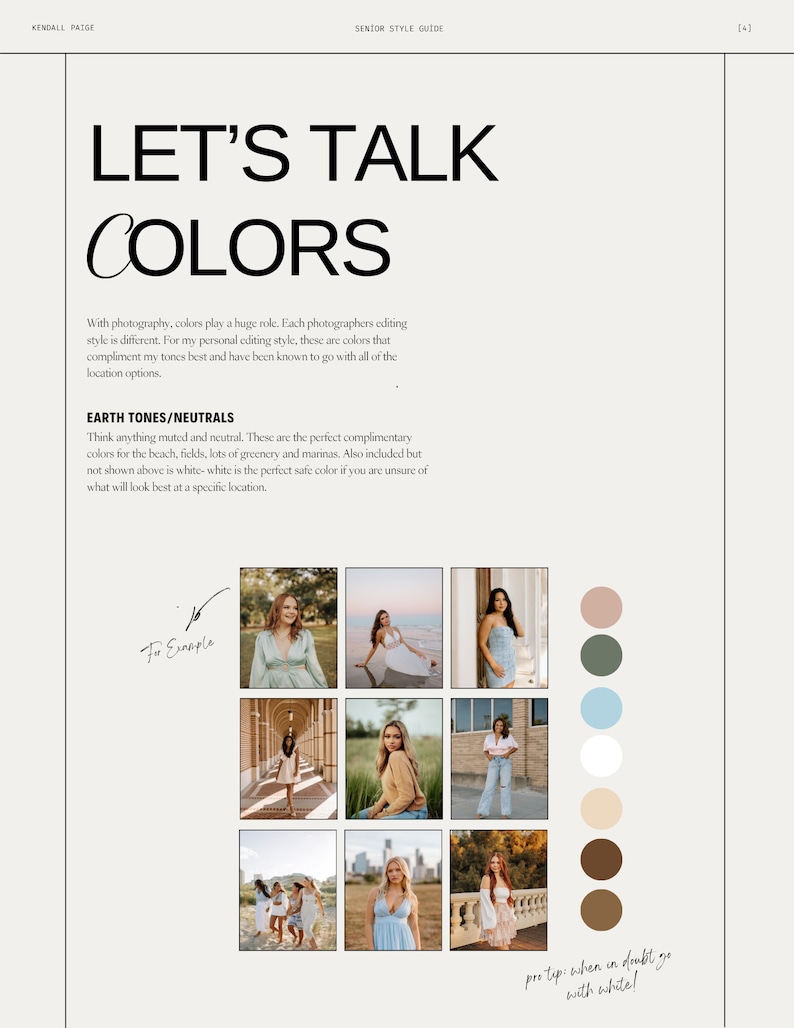 Op de afbeelding: Een gids voor senior portretfotografie, met de tekst "Laten we het over kleuren hebben". De gids suggereert om aardetinten en neutrale kleuren te gebruiken voor senior portretten, met voorbeelden van foto's en kleurpaletten. De tekst "Pro tip: Als je twijfelt, ga dan voor wit!" is inbegrepen.