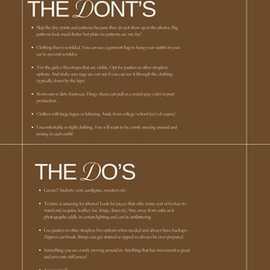Op de afbeelding: Een bruine en witte grafiek met de tekst "THE DON'T'S" en "THE DO'S" in een gestileerd lettertype. De grafiek geeft tips voor senior portretfotografie, inclusief wat te vermijden en wat te doen. De tekst bevat zinnen als "Skip the tiny prints and patterns", "Clothing that is wrinkled", "Layers!!" en "Texture is amazing for photos!"
