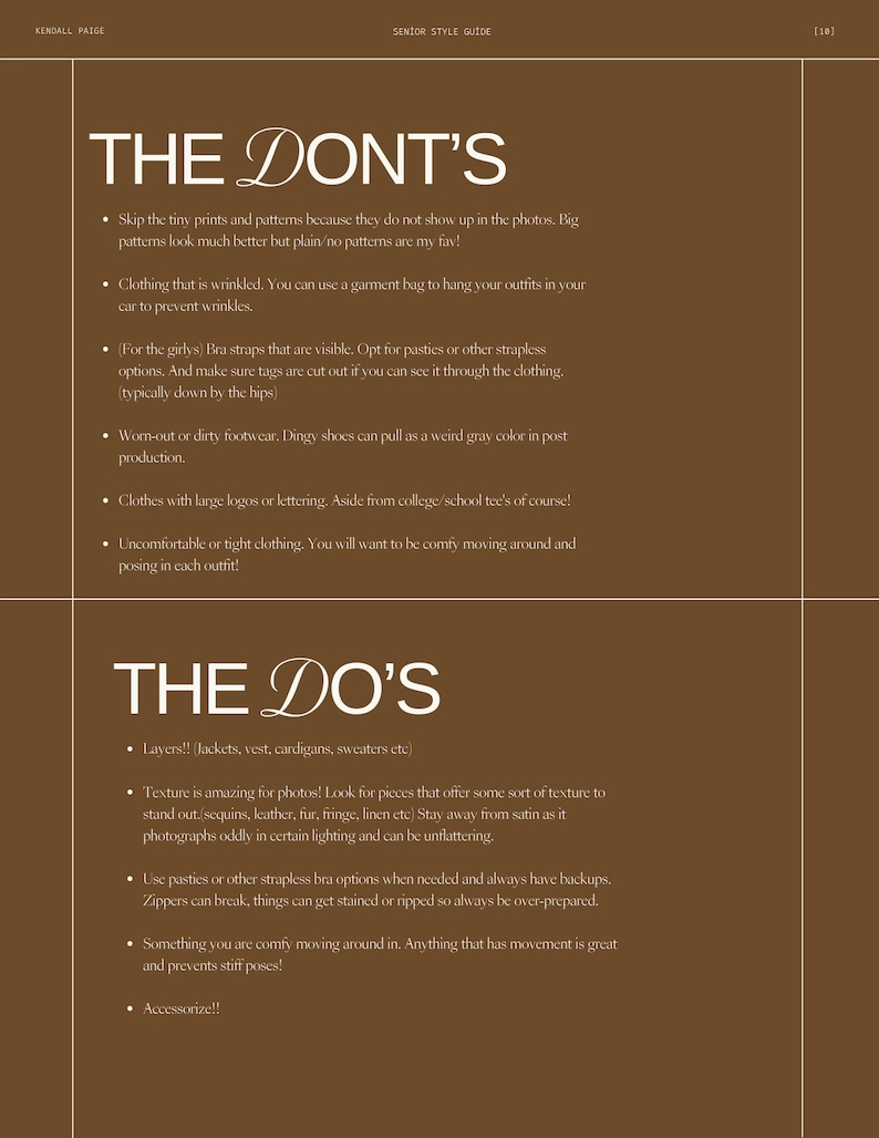 Op de afbeelding: Een bruine en witte grafiek met de tekst "THE DON'T'S" en "THE DO'S" in een gestileerd lettertype. De grafiek geeft tips voor senior portretfotografie, inclusief wat te vermijden en wat te doen. De tekst bevat zinnen als "Skip the tiny prints and patterns", "Clothing that is wrinkled", "Layers!!" en "Texture is amazing for photos!"