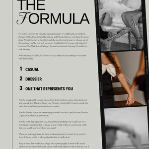 Op de afbeelding: Een zwart-witte tekstafbeelding met de titel "The Formula" en een lijst met drie outfit-idee&euml;n voor afstudeerfoto's: Casual, Dressier en One That Represents You. De tekst legt uit dat het standaard afstudeerfotopakket 3-4 outfits en 2-3 locaties omvat, en adviseert om &eacute;&eacute;n outfit per locatie te hebben.