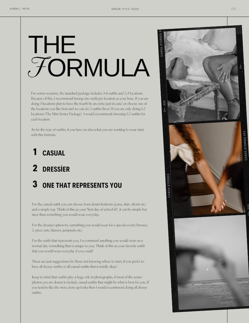 Op de afbeelding: Een zwart-witte tekstafbeelding met de titel "The Formula" en een lijst met drie outfit-idee&euml;n voor afstudeerfoto's: Casual, Dressier en One That Represents You. De tekst legt uit dat het standaard afstudeerfotopakket 3-4 outfits en 2-3 locaties omvat, en adviseert om &eacute;&eacute;n outfit per locatie te hebben.