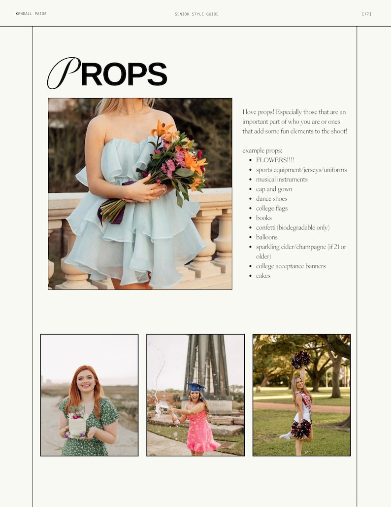 Op de afbeelding: Drie afbeeldingen van jonge vrouwen in verschillende omgevingen. De eerste afbeelding toont een vrouw in een lichtblauwe jurk die een boeket bloemen vasthoudt. De tweede afbeelding toont een vrouw in een roze jurk die een fles champagne vasthoudt. De derde afbeelding toont een vrouw in een wit en rood cheerleading-uniform die pompoenen vasthoudt.