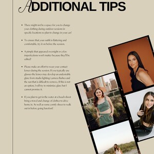 Op de afbeelding: Een pagina met tips voor senior portretfotosessies. De tekst bevat advies over het wisselen van kleding, het dragen van contactlenzen en het voorbereiden op strandfotosessies. De pagina bevat ook drie foto's van een jonge vrouw in verschillende outfits.