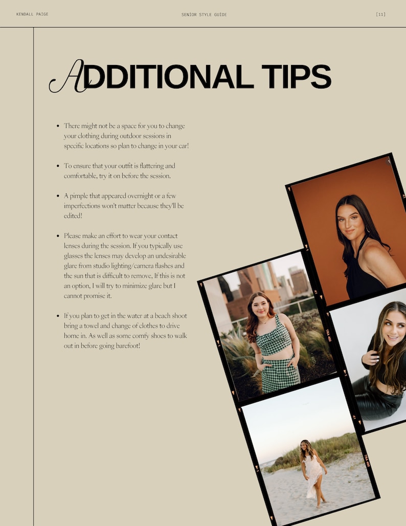 Op de afbeelding: Een pagina met tips voor senior portretfotosessies. De tekst bevat advies over het wisselen van kleding, het dragen van contactlenzen en het voorbereiden op strandfotosessies. De pagina bevat ook drie foto's van een jonge vrouw in verschillende outfits.