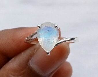 Natural Rainbow Moonstone Silver Ring, Blue Fire Moonstone Ring, Pear Cut Moon Stone Ring, 925 Sterling Silver Ring, Gift for Her, US 3-14