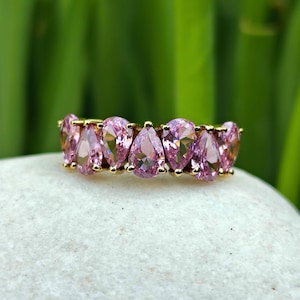 Pink Tourmaline Ring, 18K Gold Vermeil Band, Half Eternity Band Ring, Pink Gemstone Ring, 7 Stones Promise Ring, Unique Gift, Delicate Ring