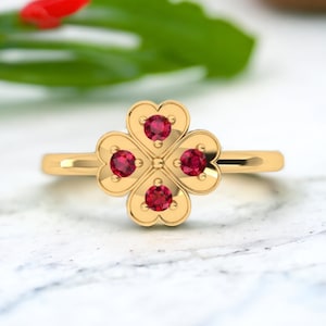 14K Gold Plated Clover Ring, Round Cut Ruby Ring, Gold Clover Ring, Ring For Women, 4 Leaf Clover Ring, Luck Ring, Dainty Ring