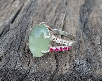 Prehnite Silver Ring, Natural Prehnite Ring, 925 Sterling Silver Ring, Handmade Jewelry, Gemstone Cabochons, Anniversary gift, Gift for Her