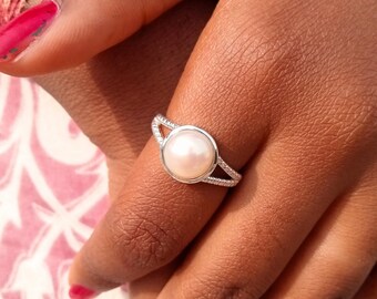 Round Pearl Ring, Dainty 925 Sterling Silver, June Birthstone Jewelry