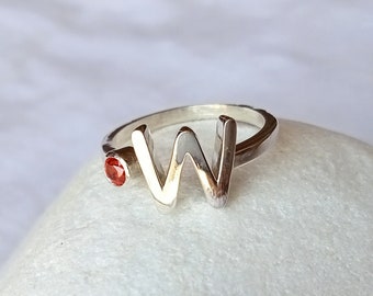 Custom initial letter ring, Personalized letter silver ring, Stacking Silver adjustable ring, Red gemstone letter ring, birthday gifts mom