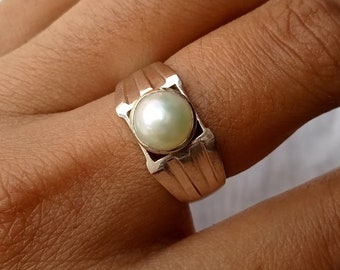 Round Shape Pearl Men Ring, 925 Silver White Pearl Ring, Dainty Pearl Men's Ring, Handmade Mens Ring, Bezel Set Ring, Silver Gift for Him