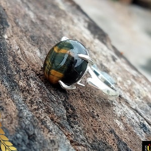 100% Natural Tiger Eye Gemstone Ring, Oval Cut Tiger&#39;s Eye Ring, 925 Sterling Silver Ring, Tiger Eye Jewelry, Boho Ring, Dainty Ring