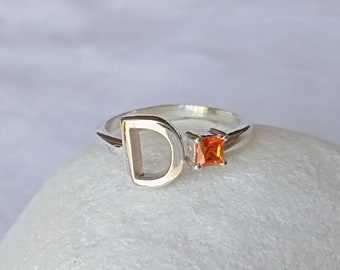 Custom initial letter Silver ring, Square cut orange gem ring, Adjustable custom silver ring, Stacking 925 silver ring, Birthday gifts Mom