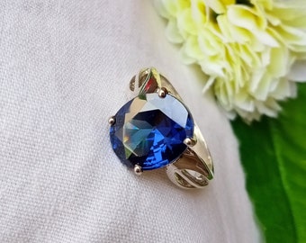 Anillo de zafiro de talla ovalada, anillo de aniversario de zafiro azul, anillo de compromiso de zafiro sintético, anillo de plata de ley 925, bandas de plata con juego de puntas