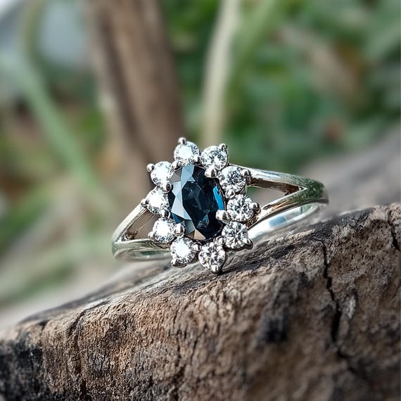 Vintage Blue Sapphire Engagement Ring, Unique 14K White Gold Ring