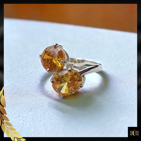 Bague Toi et Moi, bague Toi Moi en pierre ronde et ovale, bague en argent 925 simulée de citrine, bague en argent double pierre, bague d'anniversaire, cadeau pour elle