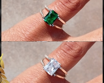 Reversible Ring, Flip Ring, Radiant Cut Engagement Ring, Emerald Ring, Diamond Ring, Two in a One Ring, Two Sided Ring, Gift for Her