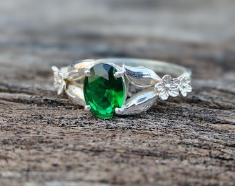 Emerald Twig Ring, Sterling Silver Flower Band, Oval Lab Gemstone