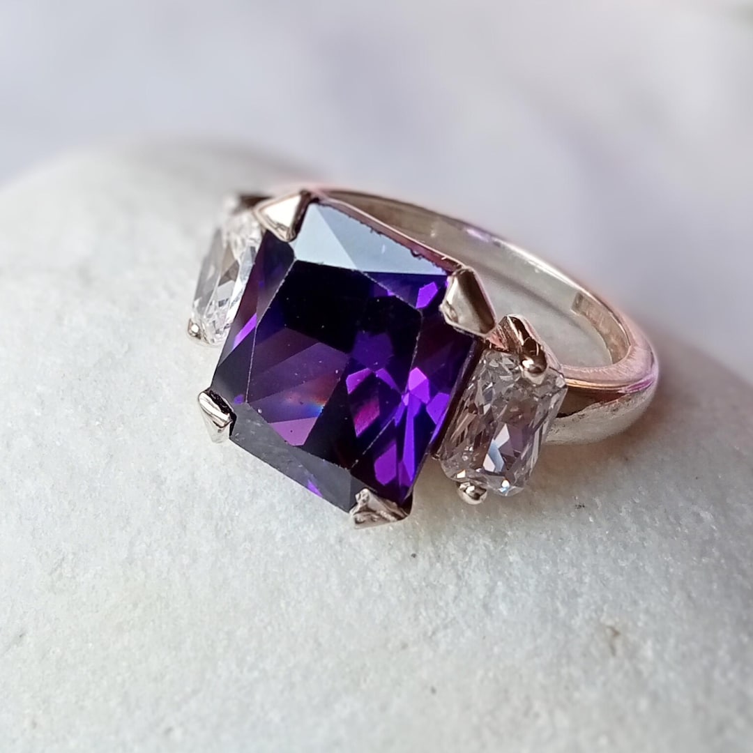 Vintage Large Amethyst Ring, Three Stone Silver Band, Baguette Diamond ...